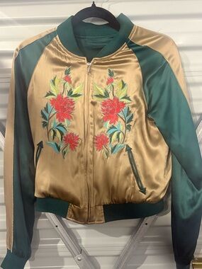 Emma & Sam Gold and Green Satin Bomber Jacket with Red Floral Embroidery